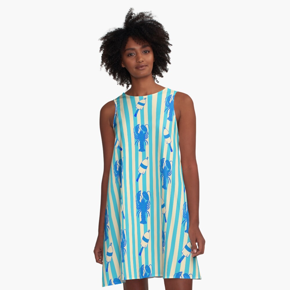 "Blue Lobsters and Buoys on Turquoise Awning Stripe" ALine Dress for