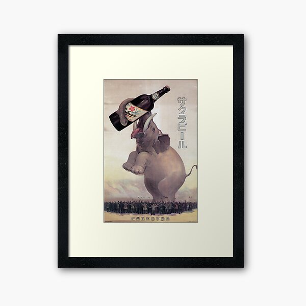Vintage Japanese Beer Advertisement with Elephant Framed Art Print