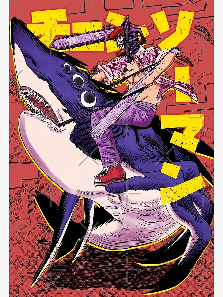 "Chainsaw man riding shark " Art Print by BraintINC | Redbubble