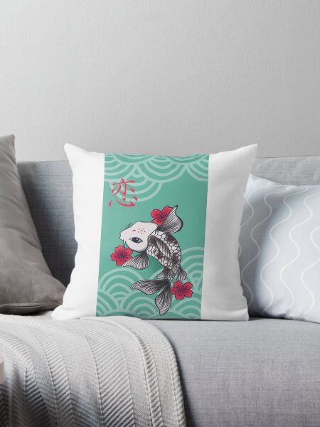 Vista previa del artículo con la obra «Pez koi blanco y negro con flores rojas», diseñado y vendido por OrangeKoi.