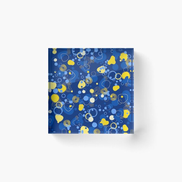 Item preview, Abstract blue and yellow polka dots and bubbles pattern with navy blue background designed and sold by PausePapote.