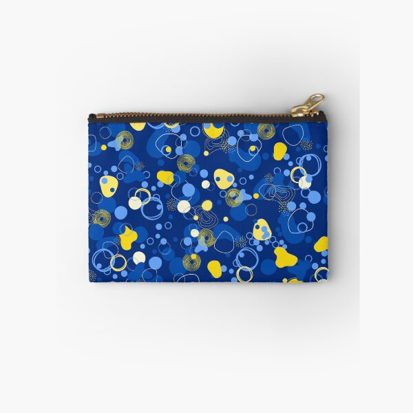 Item preview, Abstract blue and yellow polka dots and bubbles pattern with navy blue background designed and sold by PausePapote.