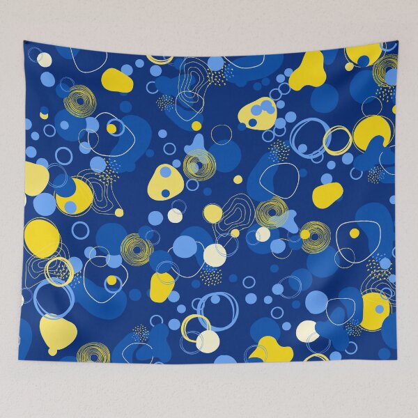 Item preview, Abstract blue and yellow polka dots and bubbles pattern with navy blue background designed and sold by PausePapote.