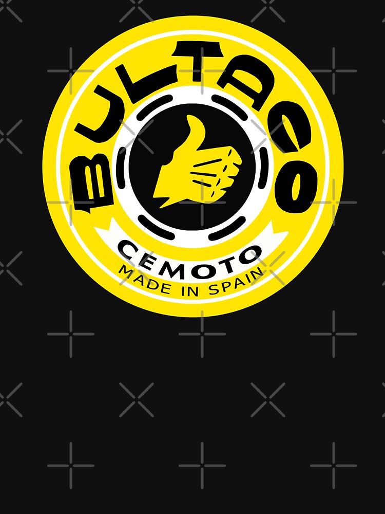 Bultaco Yellow/Black Logo Shirt & Bulk (4) Stickers Decals, Mask