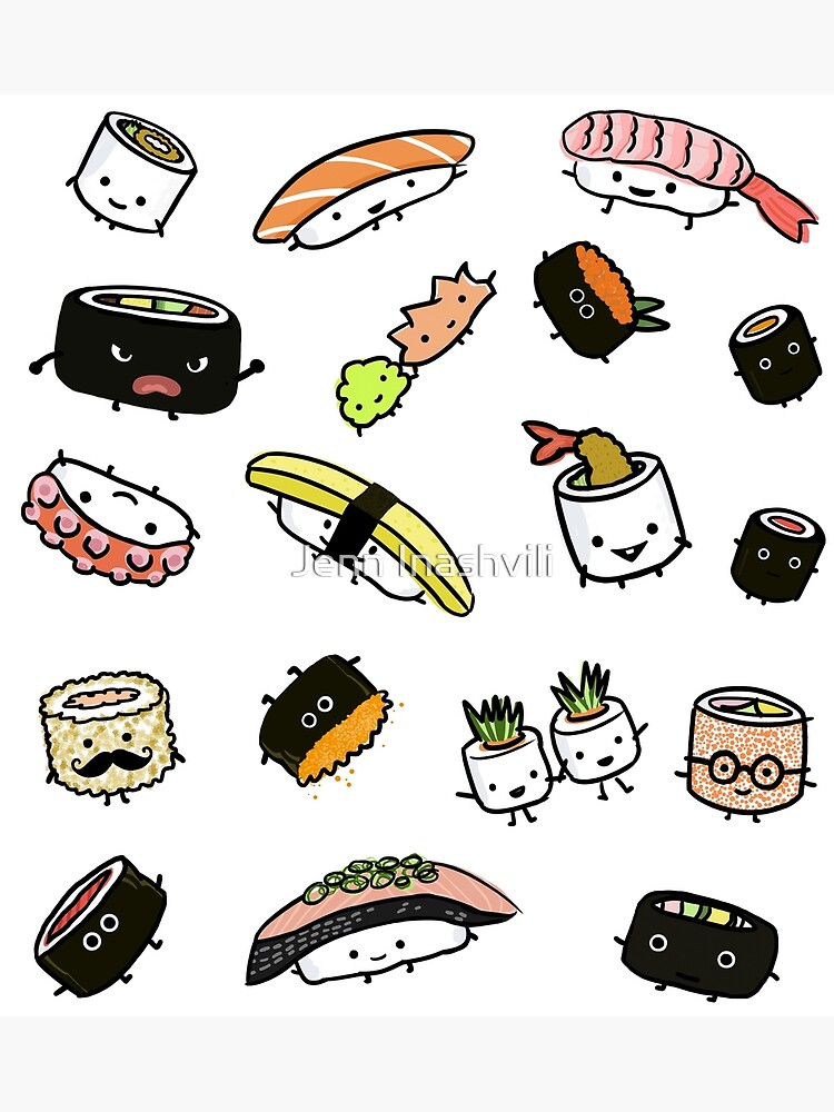 Disover Cute Sushi Characters Pattern Premium Matte Vertical Poster