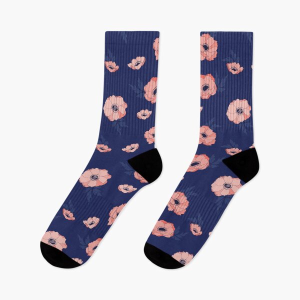 Item preview, Coral and Navy Blue Floral Anemone Pattern designed and sold by HotHibiscus.