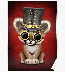 Steampunk Baby Cougar Cub on Red Poster