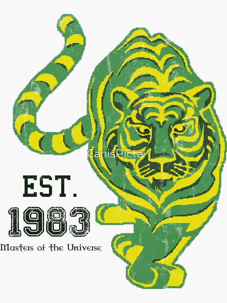 Thumbnail 3 of 3, Sticker, (FOR LIGHT COLORED SHIRTS & Stickers) MOTU Battle Cat He-man Cringer 1983 Tiger Green Yellow Stripes Cartoon Action Figure 80s Baby BEST FOR LARGE POUCHES designed and sold by CanisPicta.
