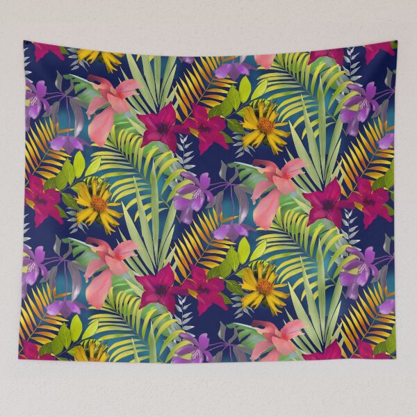Item preview, Tropical islands exotic flowers and leaves pattern with dark blue background designed and sold by ZeinabTaha.