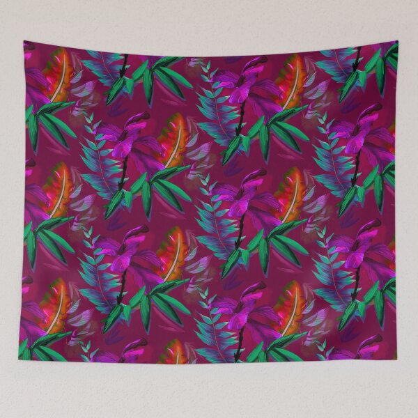 Item preview, tropical heaven trendy exotic floral pattern, leaves and flowers tropical pattern, botanical illustration, red floral illustration   designed and sold by ZeinabTaha.