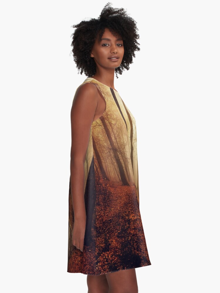 Alternate view of Forest creek at sunrise in fall A-Line Dress
