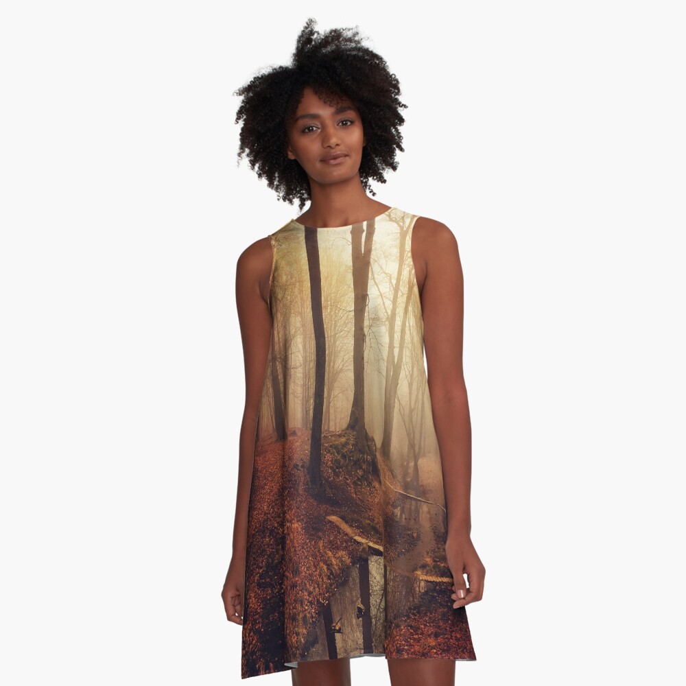 Forest creek at sunrise in fall A-Line Dress