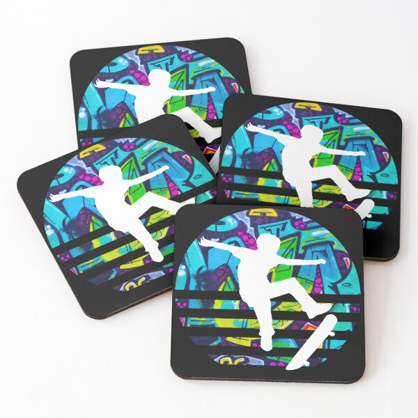 Item preview, Cool white silhouette Skateboarder blue and green graffiti retro sunset summer designed and sold by Zevy-Darling.