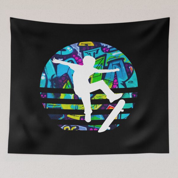 Item preview, Cool white silhouette Skateboarder blue and green graffiti retro sunset summer designed and sold by Zevy-Darling.