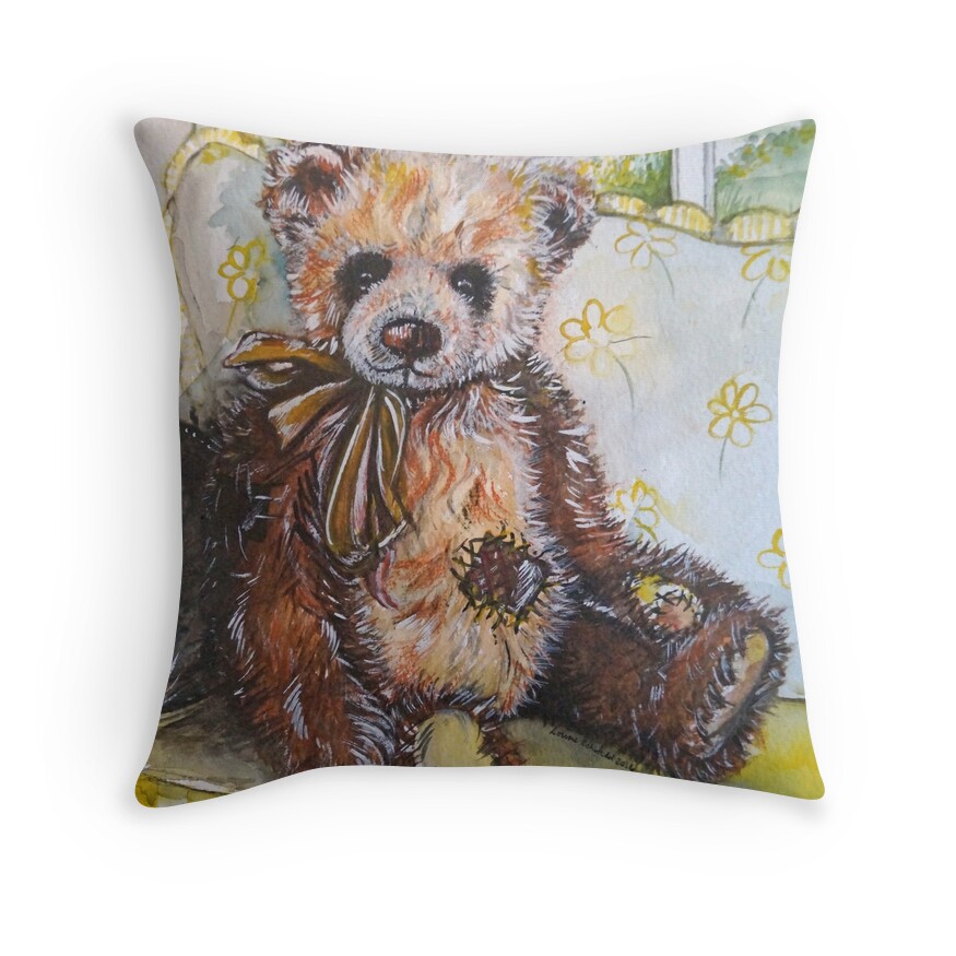 Rufus Tatty Teddy Bear Throw Pillow By Louiseschofield Redbubble