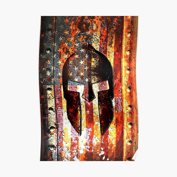American Flag And Spartan Helmet On Rusted Metal Door - Molon Labe Poster