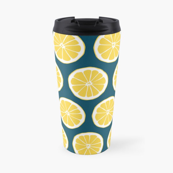Yellow Lemon Slices on Navy Blue Background Travel Coffee Mug