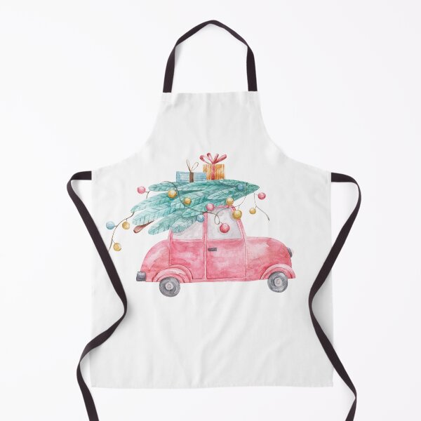 red christmas car with fir tree and new year gifts, cute illustration watercolor print, decor Apron