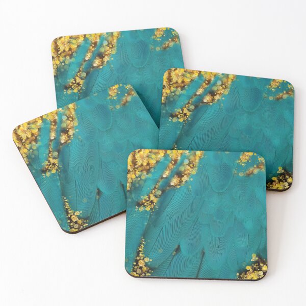 Aperçu de l'œuvre Plume bleu-vert sarcelle Art fantastique, paillettes d'or créée et vendue par Glimmersmith.