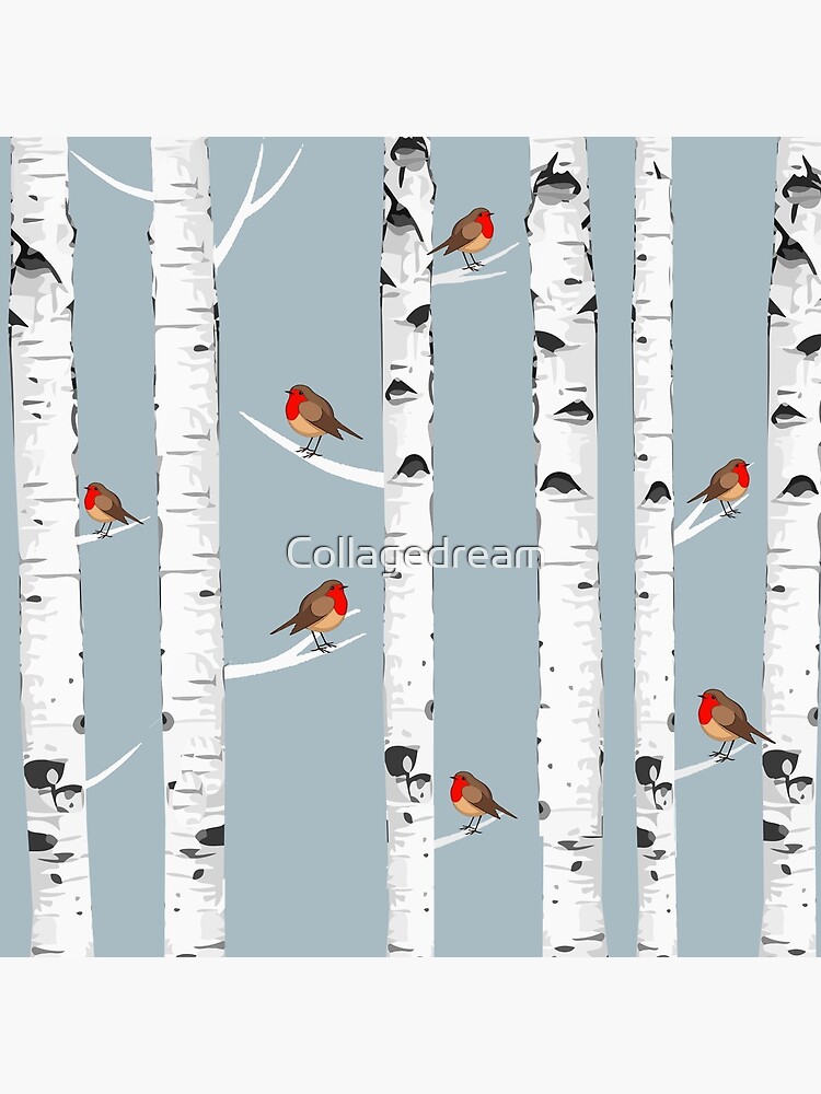 Thumbnail 4 of 4, Pillow, Birch trees forest and robin bird, this is redbreast in winter forest, perfect for natura lovers designed and sold by Collagedream.