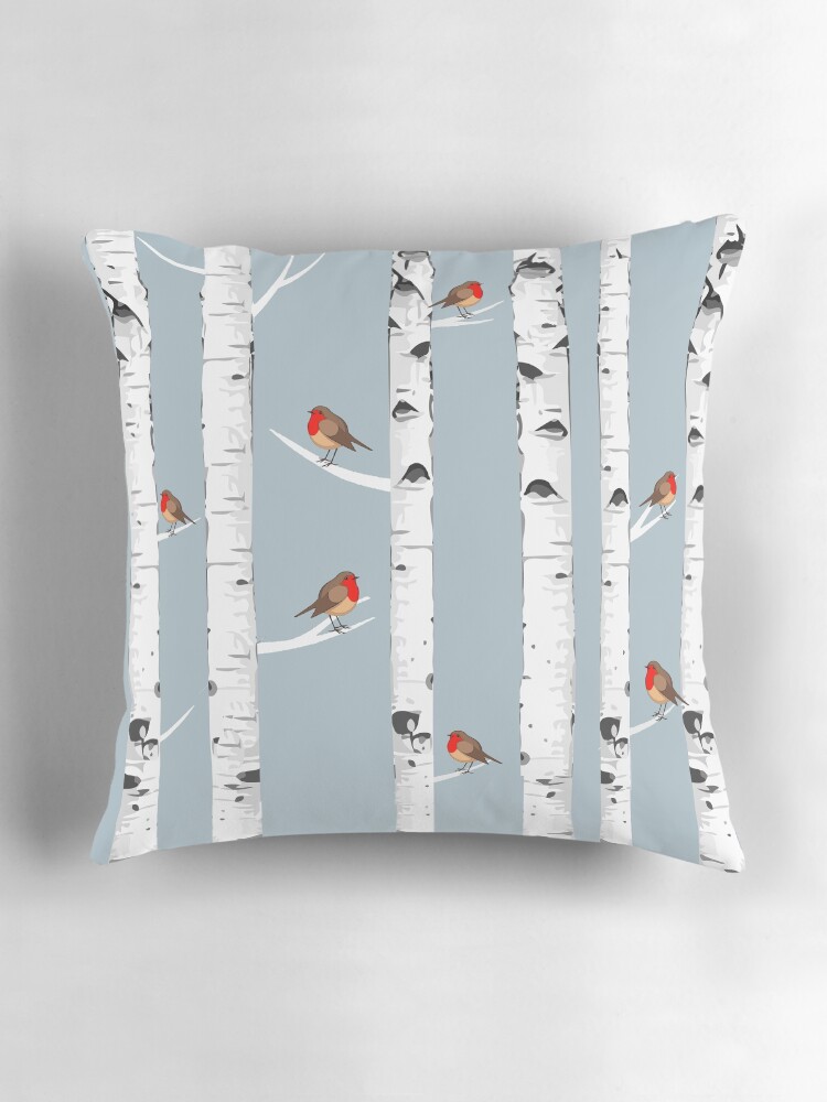 Thumbnail 3 of 4, Pillow, Birch trees forest and robin bird, this is redbreast in winter forest, perfect for natura lovers designed and sold by Collagedream.
