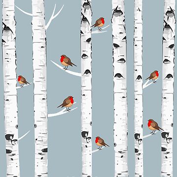 Artwork thumbnail, Birch trees forest and robin bird, this is redbreast in winter forest, perfect for natura lovers by Collagedream