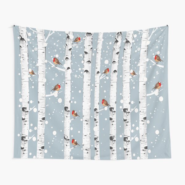 Item preview, Birch trees forest and robin bird, this is redbreast in winter forest, perfect for natura lovers designed and sold by Collagedream.