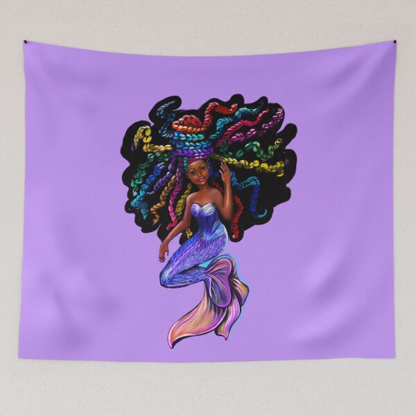 Item preview, African American mermaid with flowing rainbow braids , brown eyes curly Afro hair and caramel brown skin designed and sold by Artonmytee.