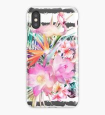 Tropical floral leaves and flamingos stripes iPhone Case/Skin
