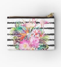 Tropical floral leaves and flamingos stripes Studio Pouch