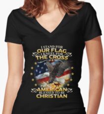 I Stand For Our Flag I Kneel For The Cross American Christian Women's Fitted V-Neck T-Shirt