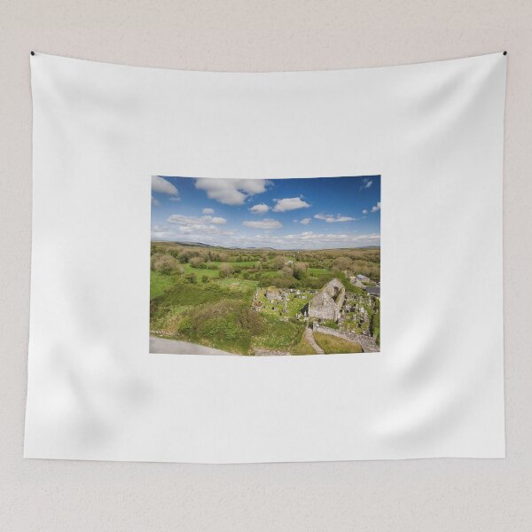 Item preview, Aerial view of a beautiful old ruins of an Irish church and burial graveyard in county clare, Ireland. Set in the burren national park countryside landscape. designed and sold by Nollaig Ó Mórdha  Up The Banner Photography.