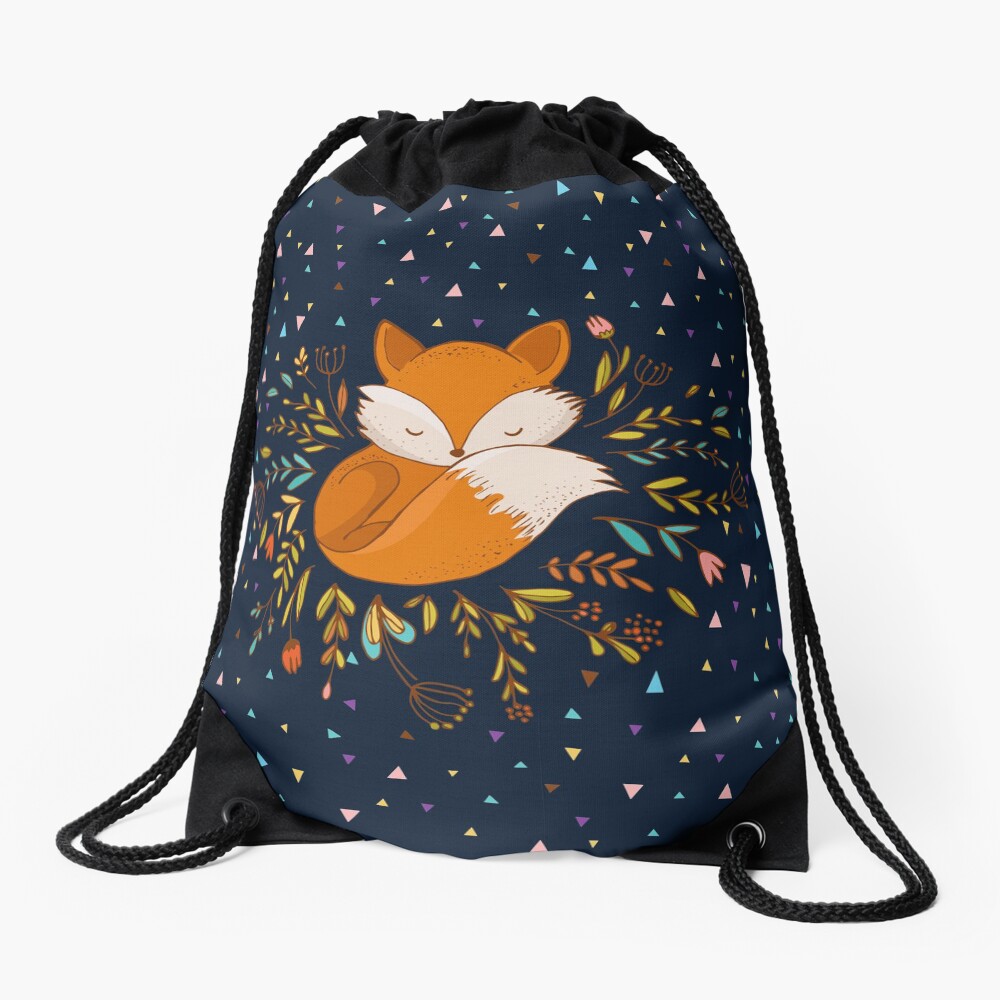 Cute Fox Flowers and Triangles Drawstring Bag