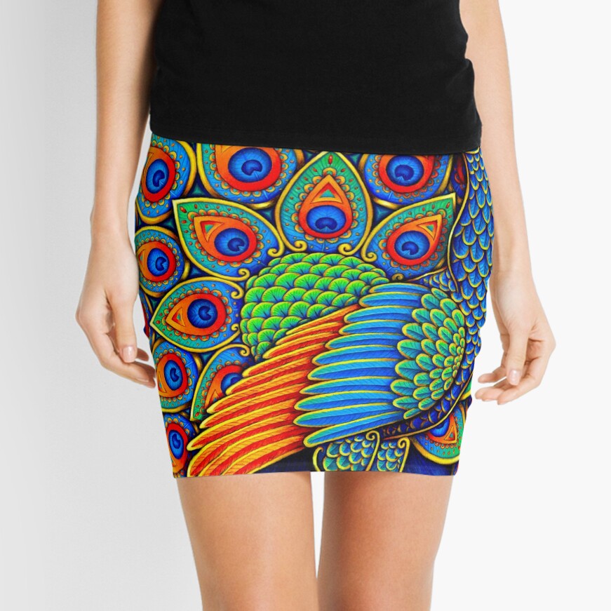 Colorful Paisley Peacock Rainbow Bird Mini Skirt