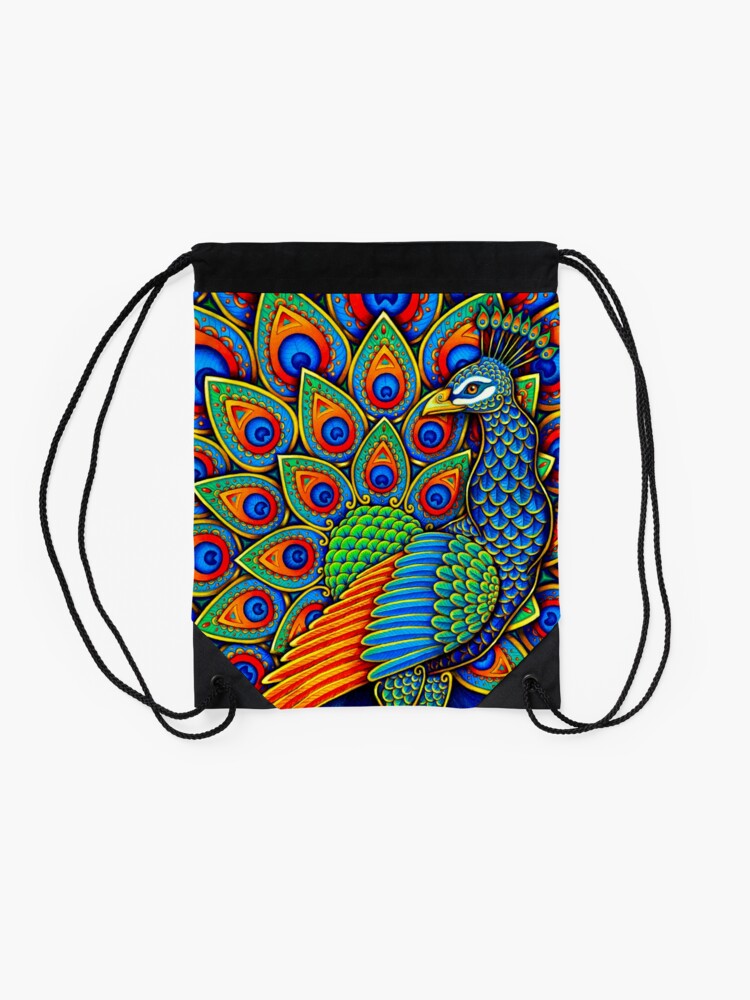 Alternate view of Colorful Paisley Peacock Rainbow Bird Drawstring Bag