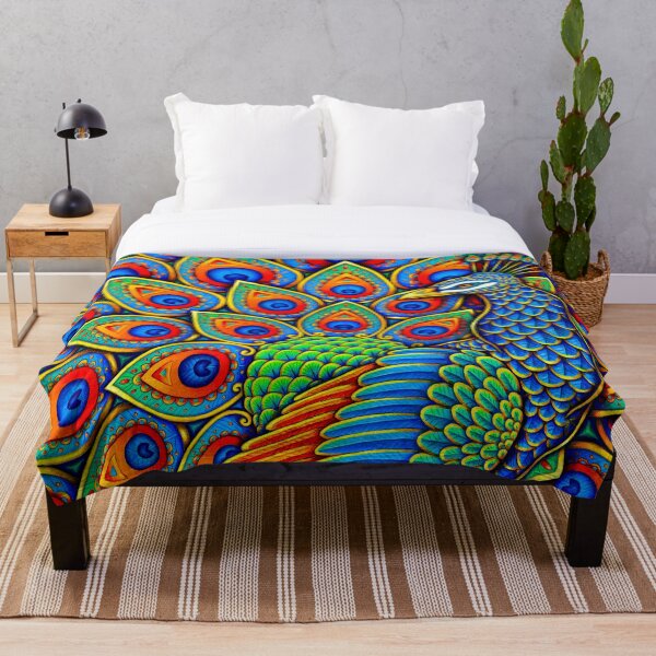 Colorful Paisley Peacock Rainbow Bird Throw Blanket