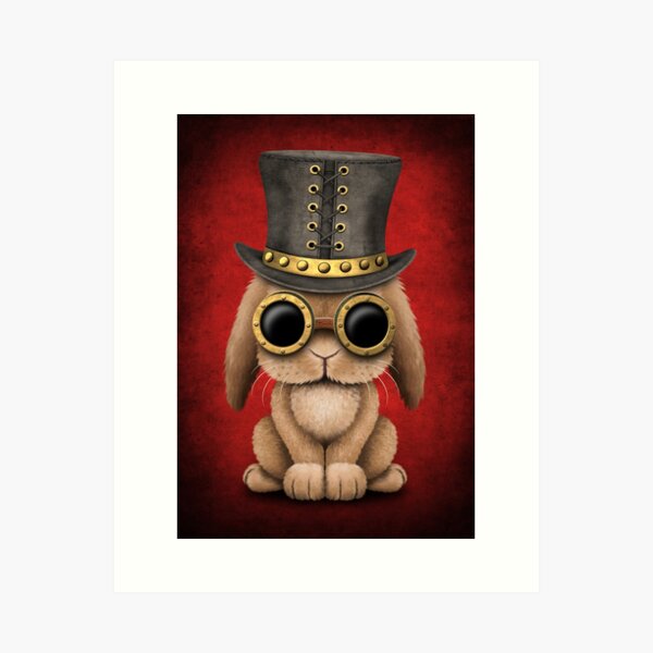 Steampunk Baby Bunny Rabbit on Red Art Print