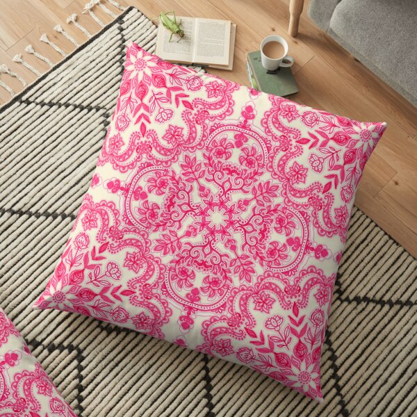 Hot Pink & Soft Cream Folk Art Pattern Floor Pillow