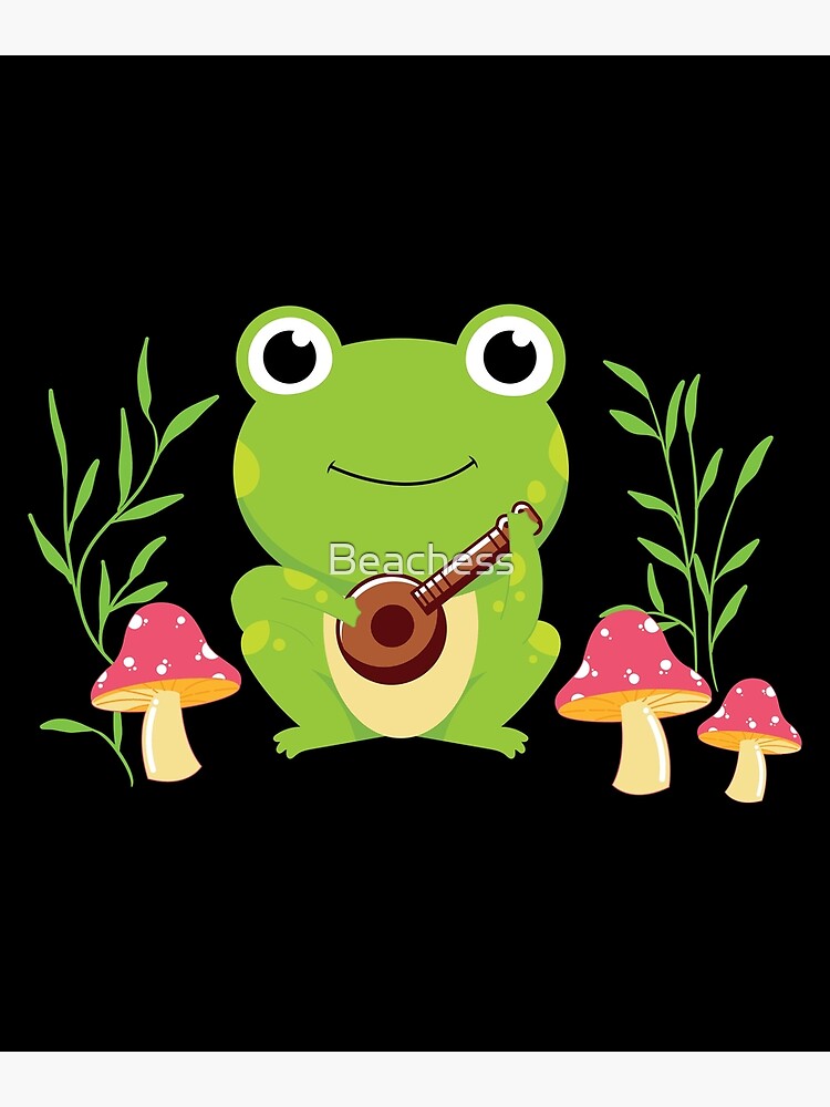 "Cute Kawaii Frog Playing Banjo Toad Plant Fungi Blue Butterfly