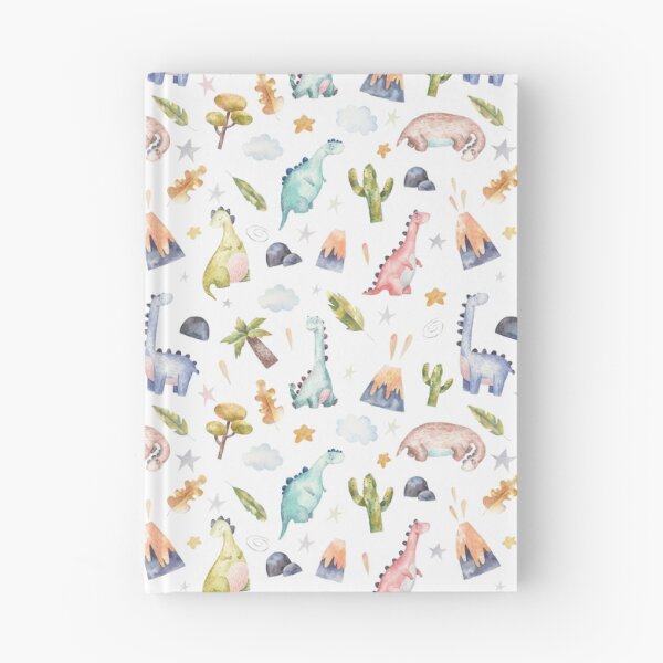 Item preview, cute childrens seamless pattern with different dinosaurs and volcanoes, trees, cacti, leaves, watercolor illustration designed and sold by the-myro.
