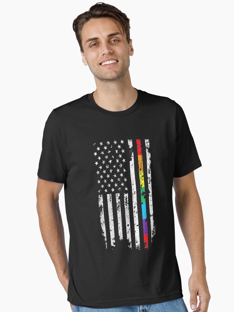 Thin Rainbow Line USA American Flag Patriotic LGBT Gay Pride Essential  T-Shirt