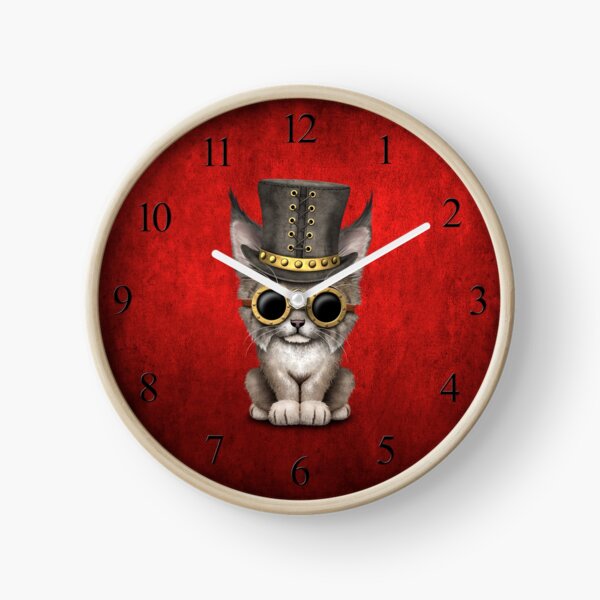Steampunk Baby Lynx Cub on Red Clock