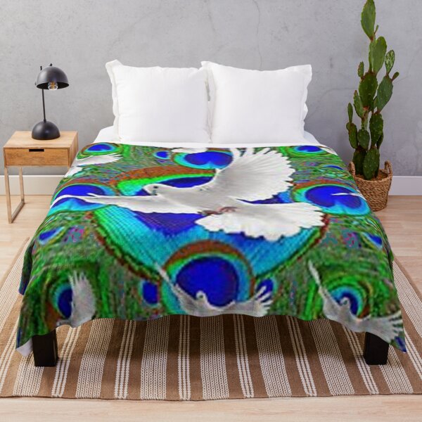 Item preview, WHITE PEACE DOVES PEACOCK PATTERN BLUE ART   designed and sold by sharlesart.