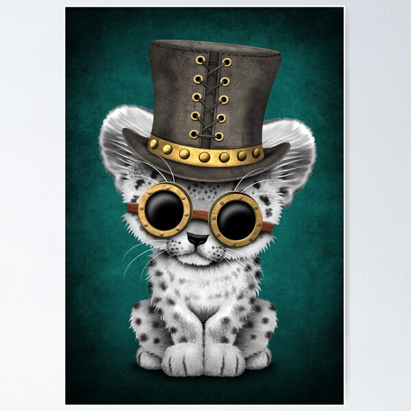 Steampunk Snow Leopard Cub on Red