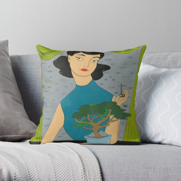 Girl with Bonsai Throw Pillow