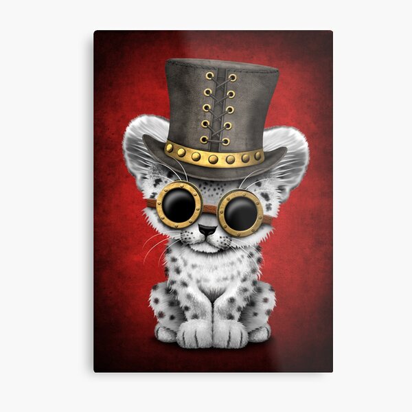 Aperçu de l'œuvre Bébé léopard des neiges steampunk sur fond rouge créée et vendue par jeff bartels.