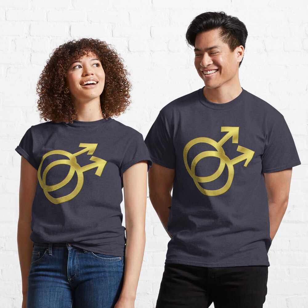 Two Interlocking Male Symbols (golden design - blue background) Classic T-Shirt