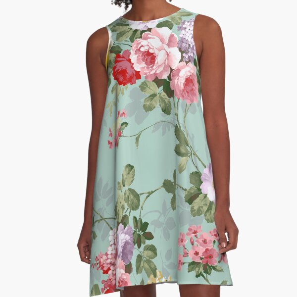 Vintage Elegant Pink Red Roses Pattern A-Line Dress
