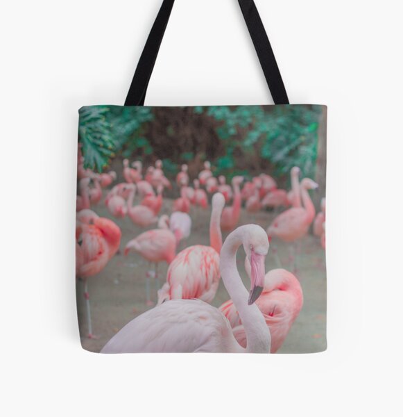 Group Of Pink Flamingos With Green Plants Background All Over Print Tote Bag