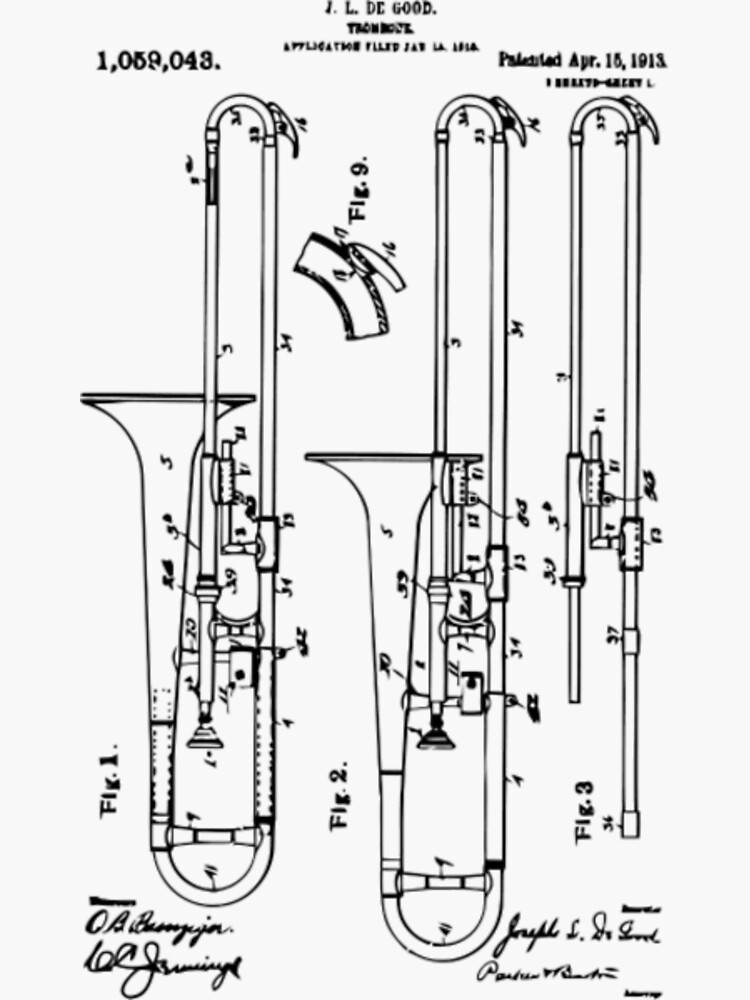 "Vintage Patent Print 1913 Trombone Marching Band" Sticker for Sale by